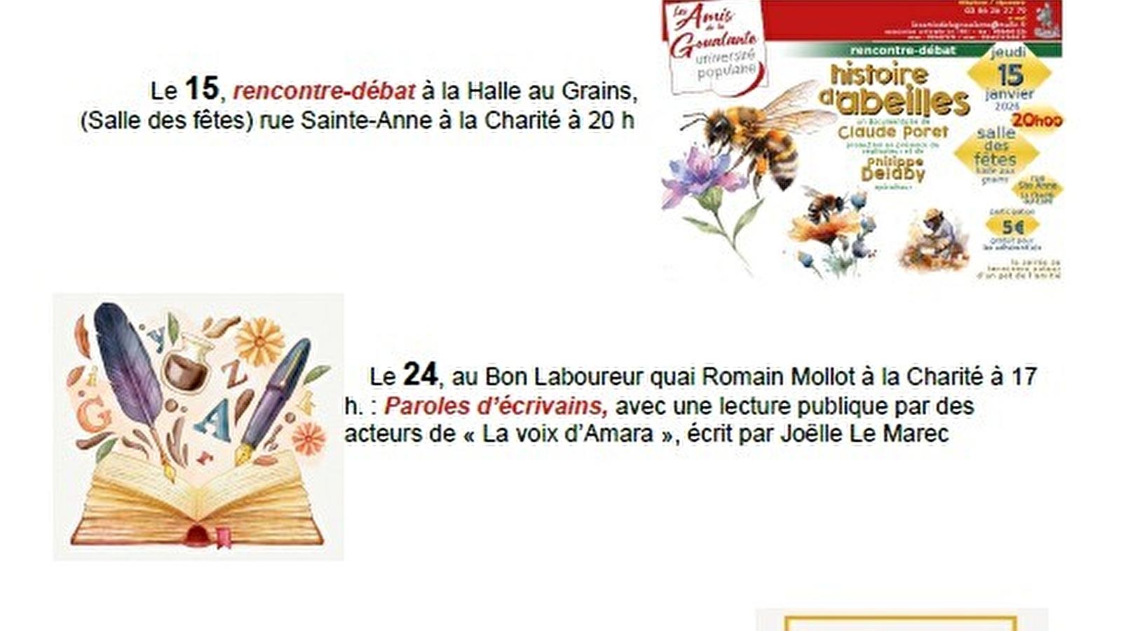 Tous les évènements et activités que propose l'université populaire 'Les Amis de la Goualante' 